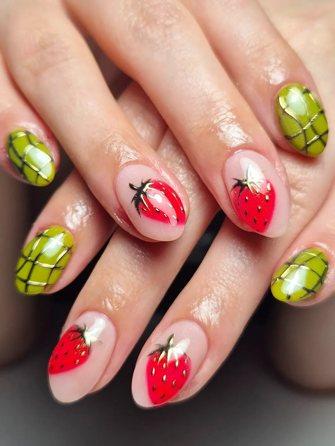 Whimsical Strawberry & Watermelon Patch Oval Nails