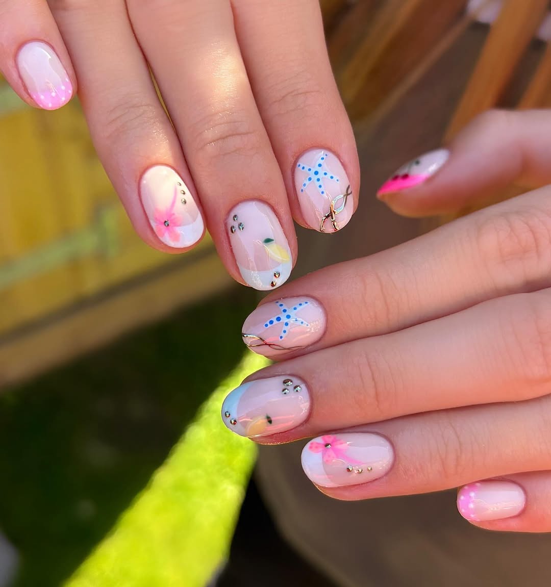 Whimsical Summer French Tip Nails with Charms