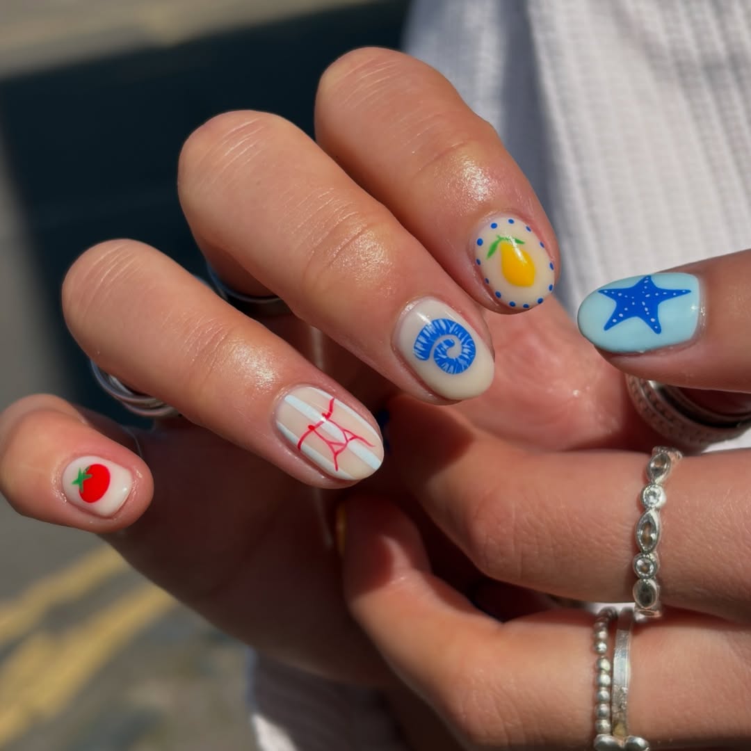 Whimsical Summer Fruit and Sea Creature Nails