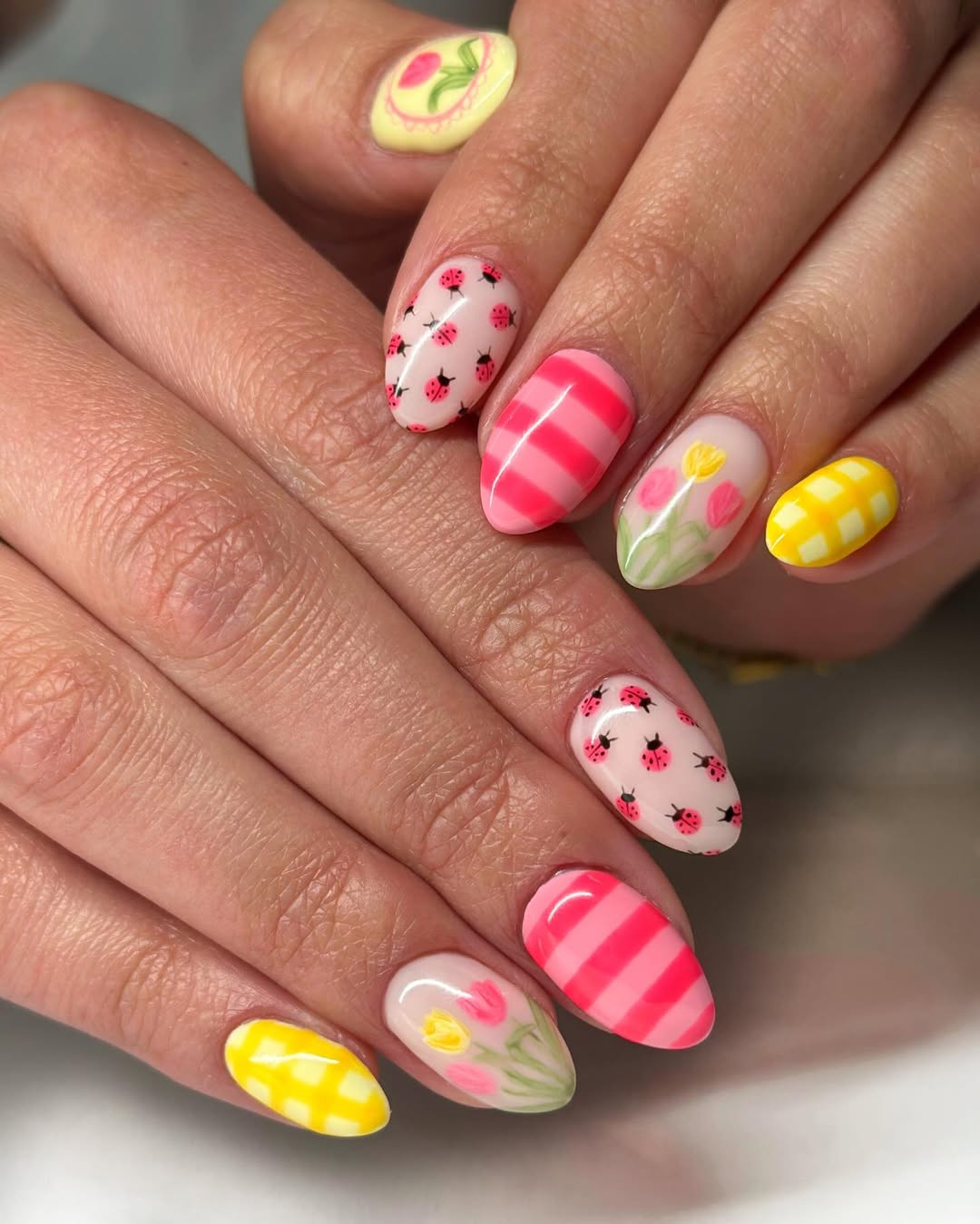 Whimsical Summer Picnic Gingham Ladybug Nails