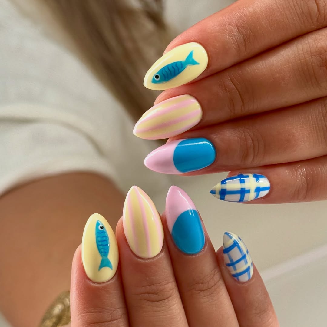Whimsical Summer Yellow Blue Pink Almond Nails