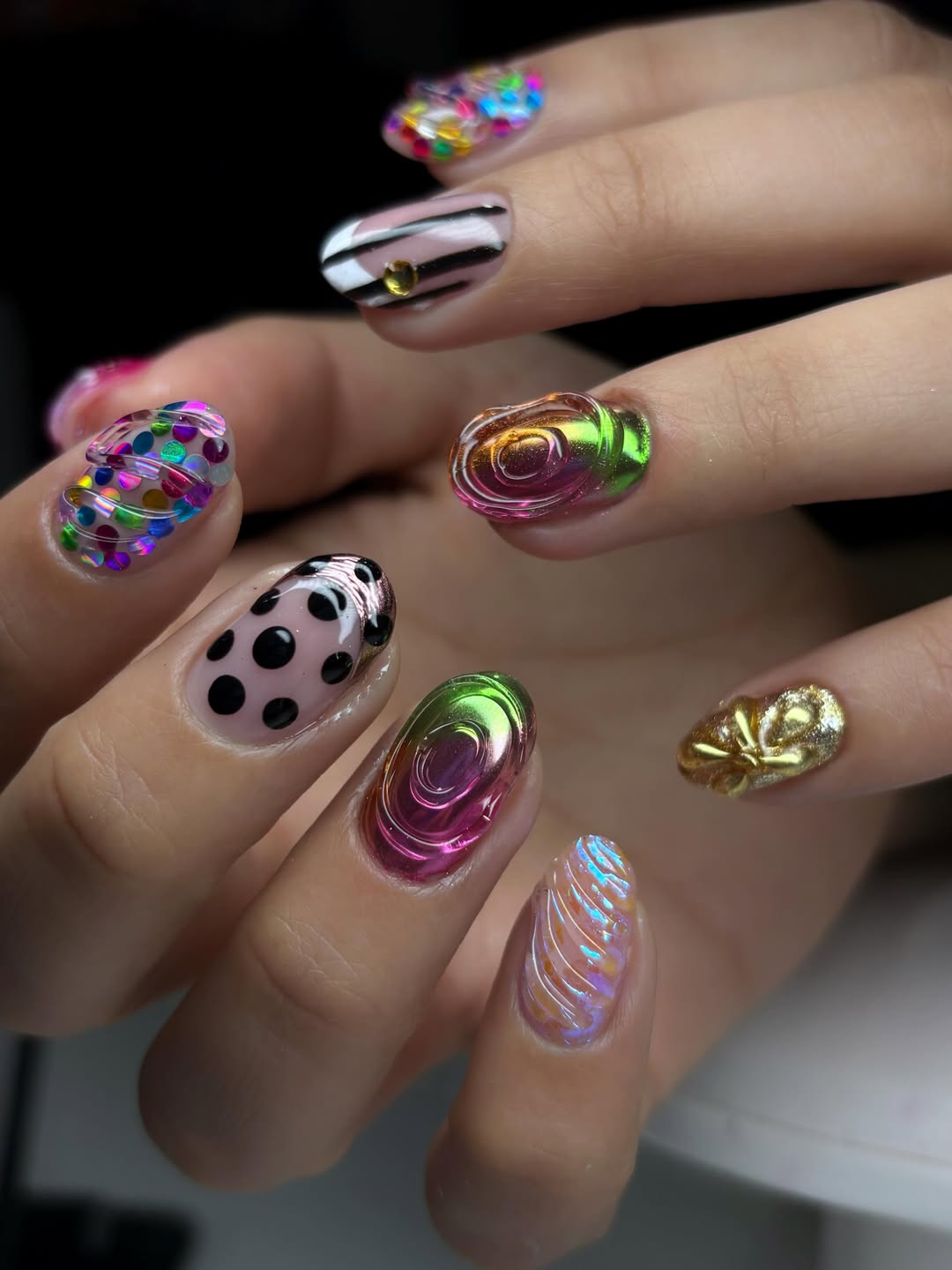 Whimsical Swirls and Chrome Summer Short Gel Nails