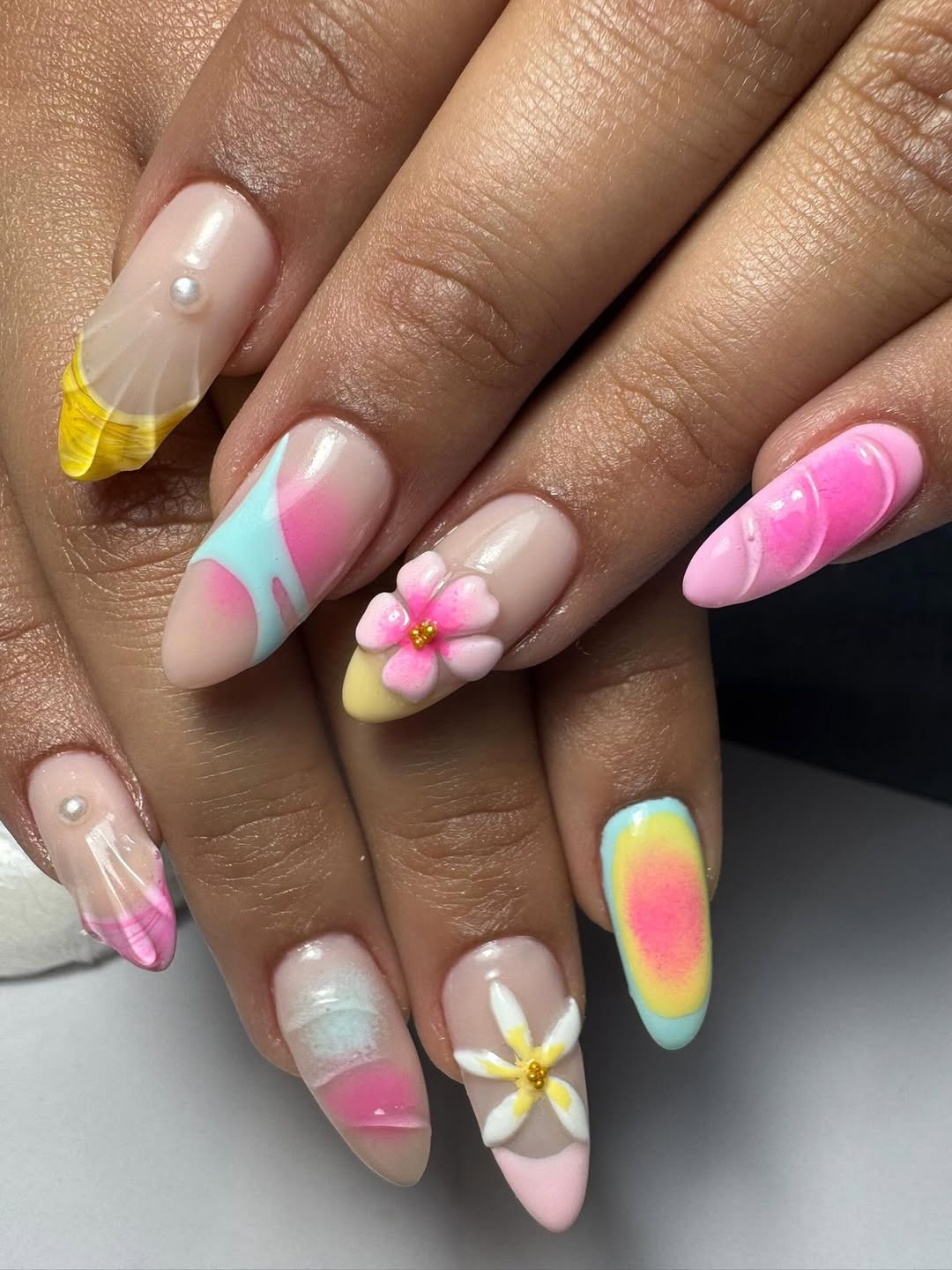 Whimsical Watercolor Pastel Ombre Almond Nails with 3D Florals