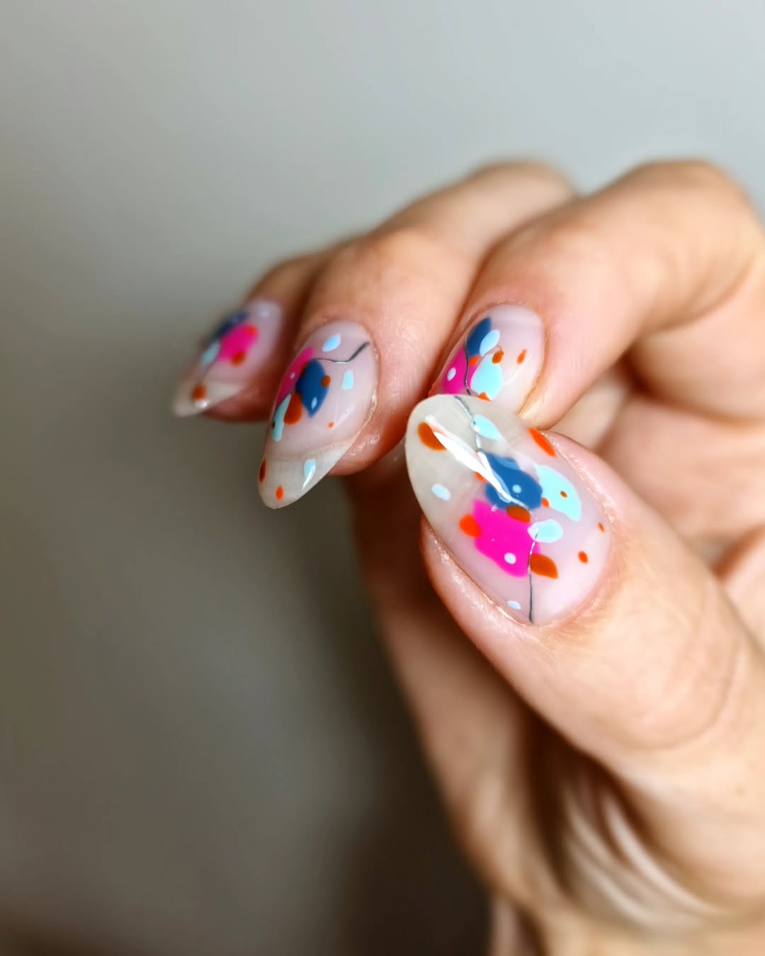 Abstract Splatter Art Almond Nails with Clear Base