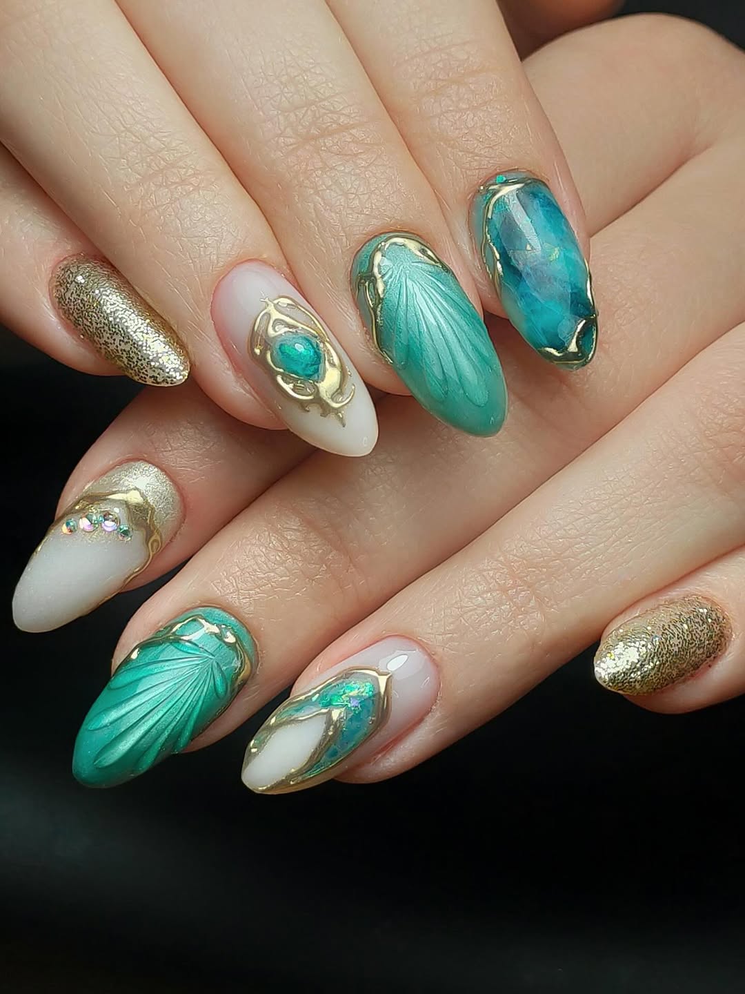 Aqua Gold Scales Almond Treasure Nails