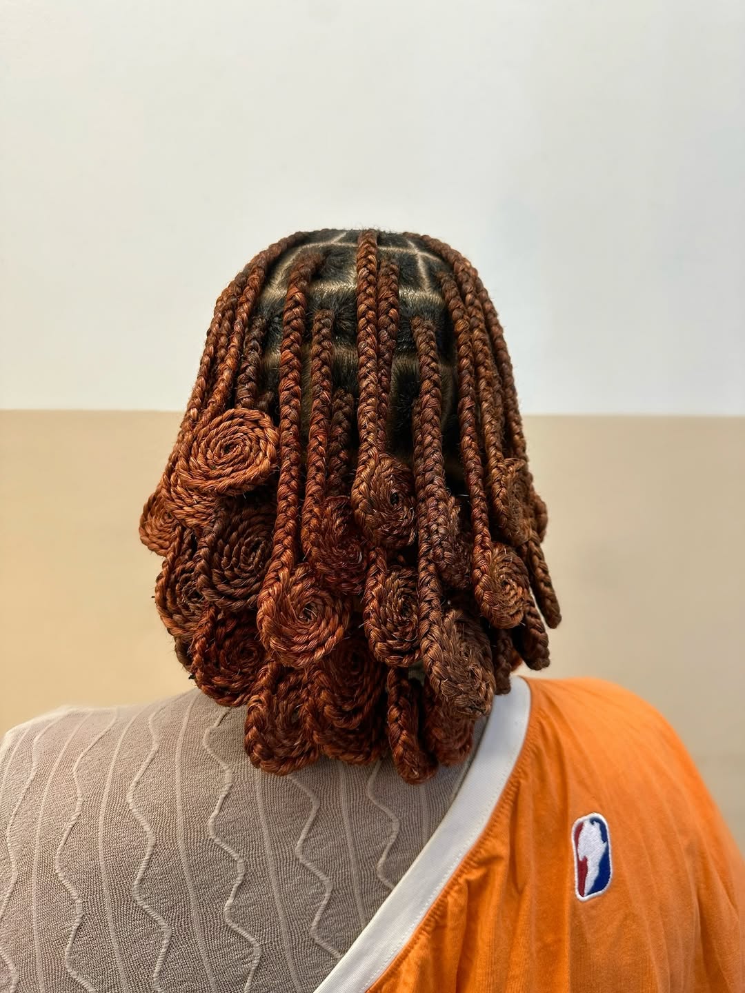 Auburn Box Braid Bob With Braided Rosettes
