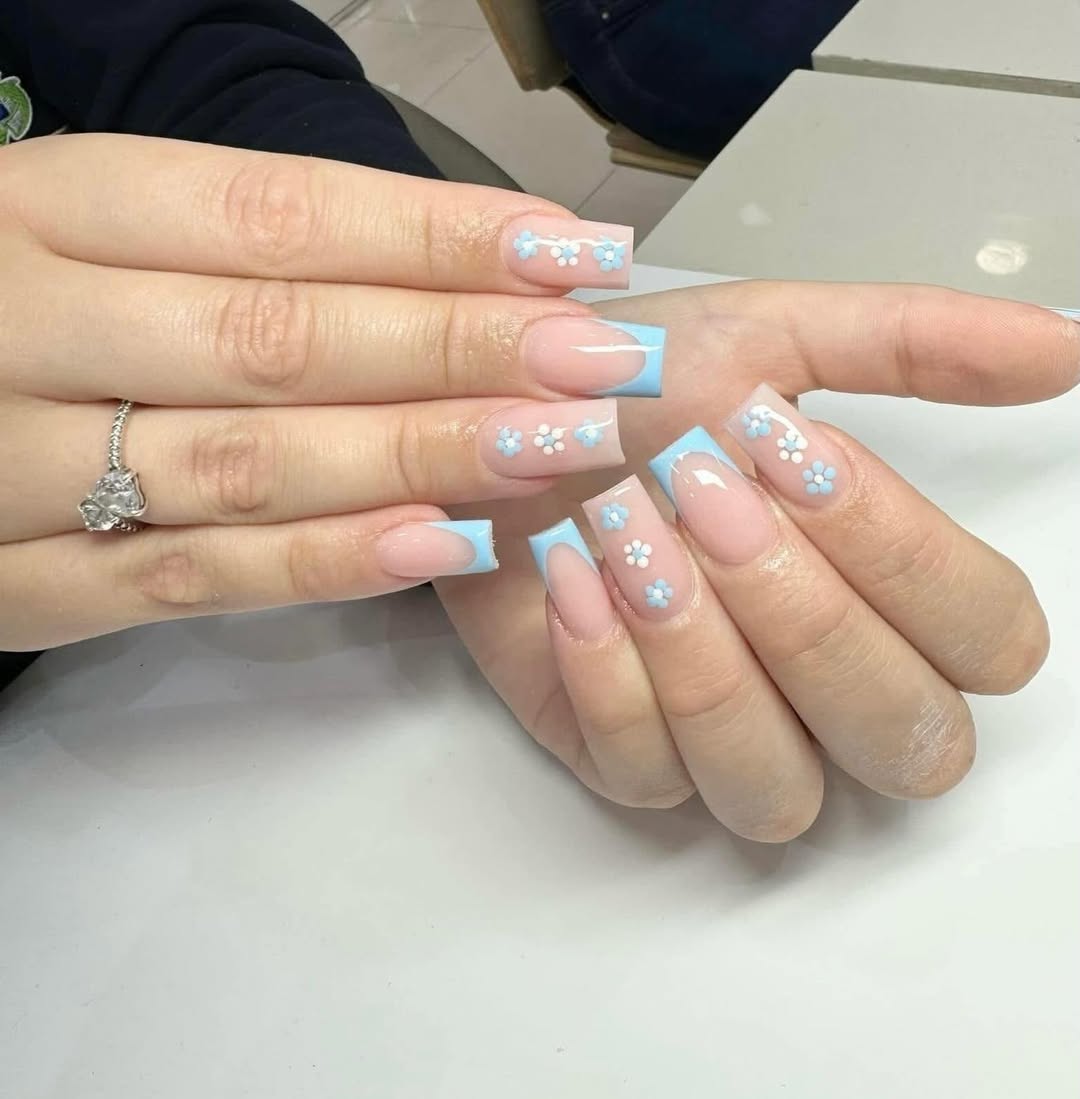 Baby Blue French Tips With White Floral Accents