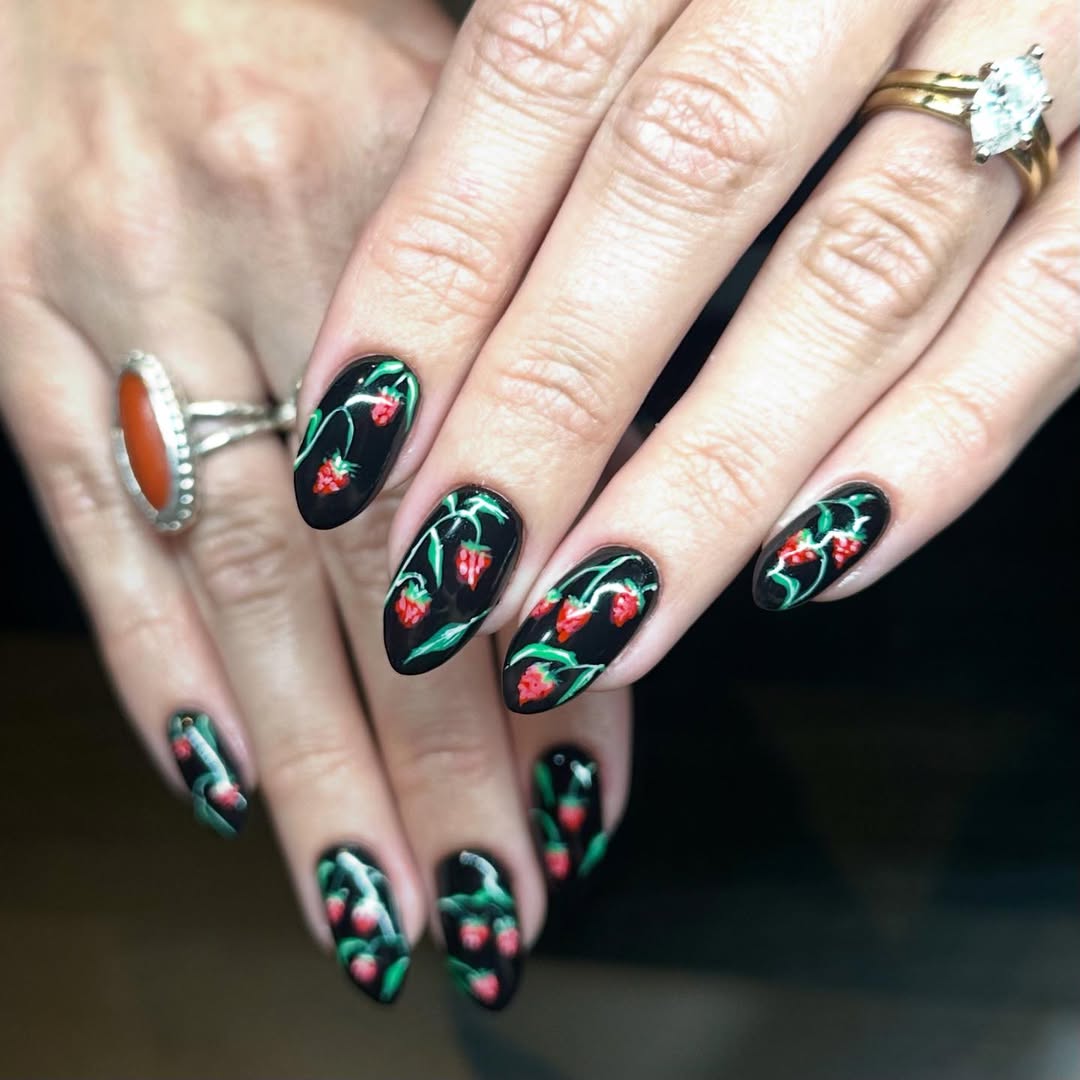 Black Almond Nails With Hand-Painted Strawberry Vines