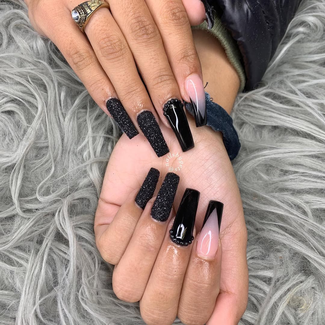 Black Glitter, Glossy, And Ombre Coffin Nails