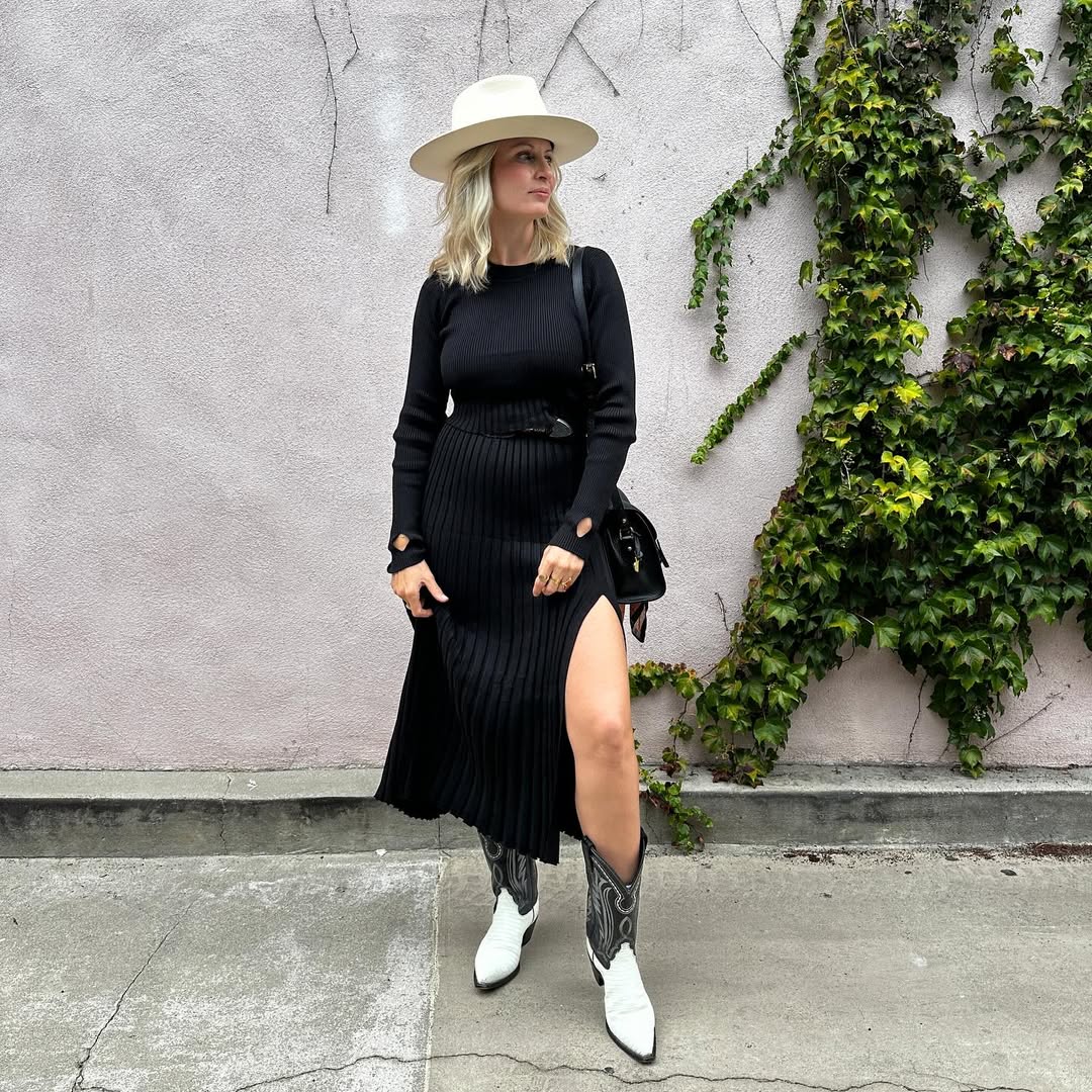 Black Ribbed Knit Dress and White Cowboy Boots