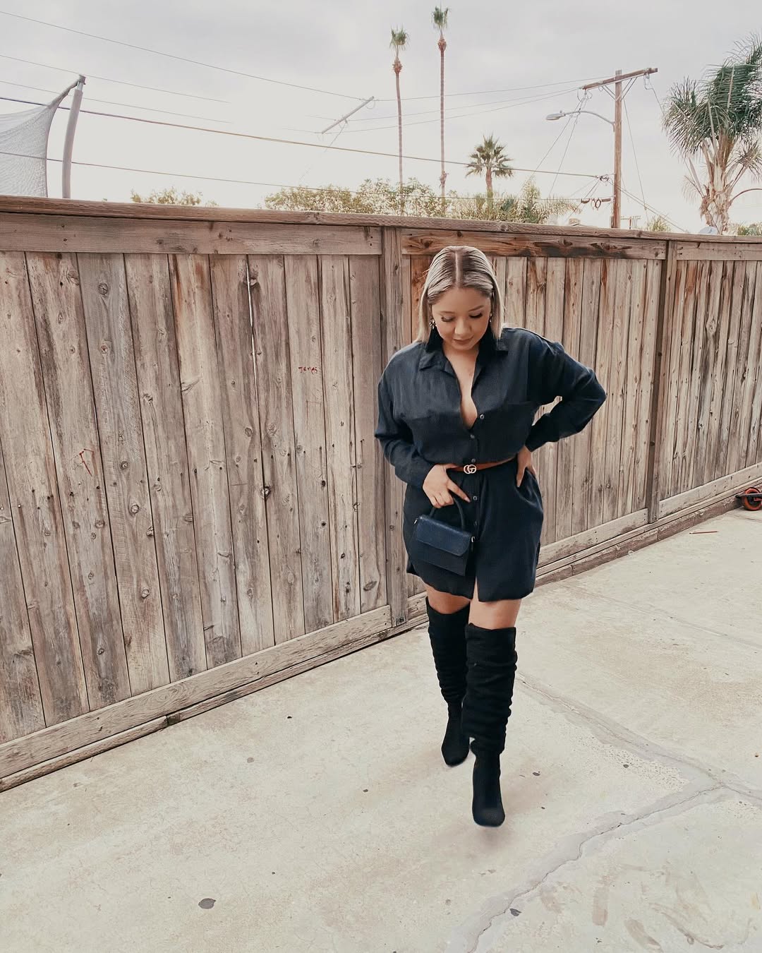 Black Shirt Dress With Knee-High Boots