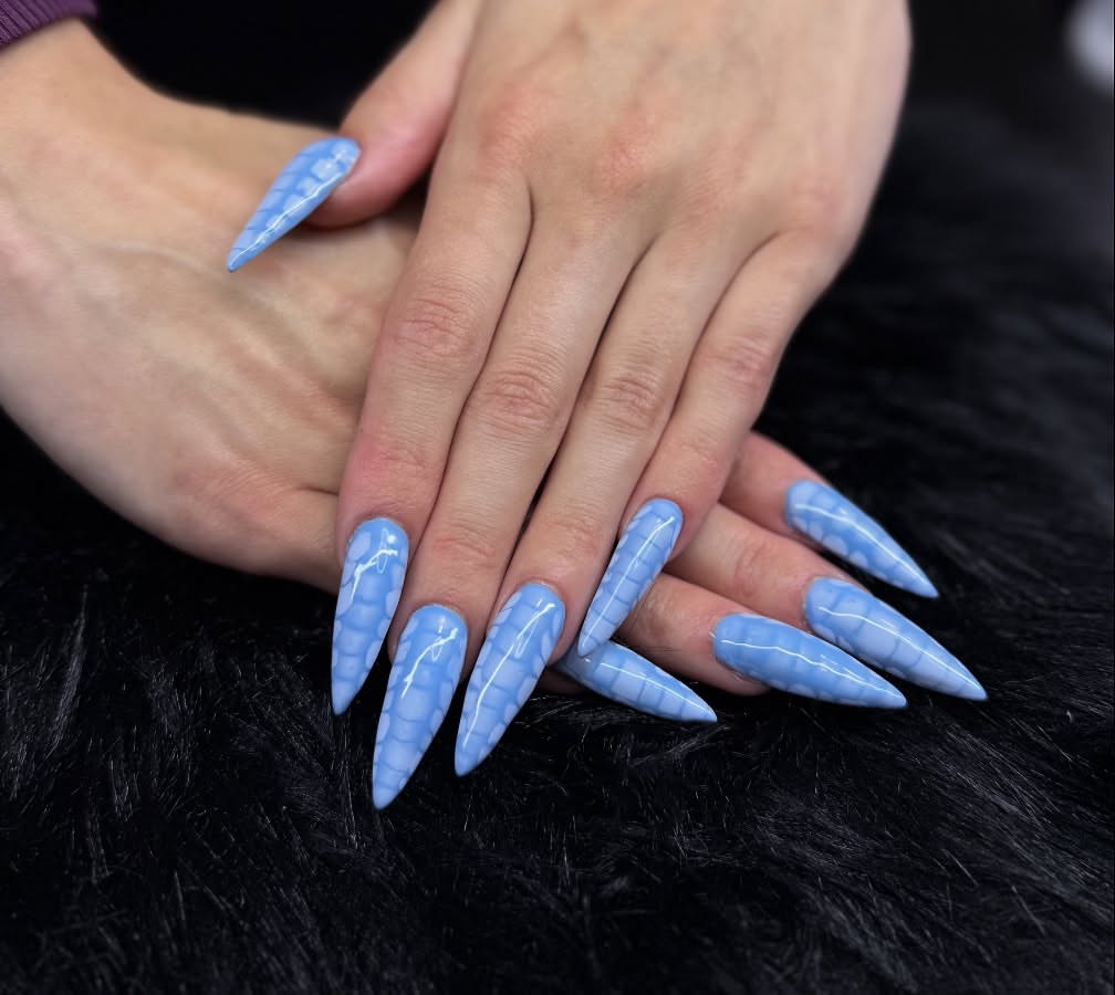 Blue Alligator Skin Pattern Stiletto Nails