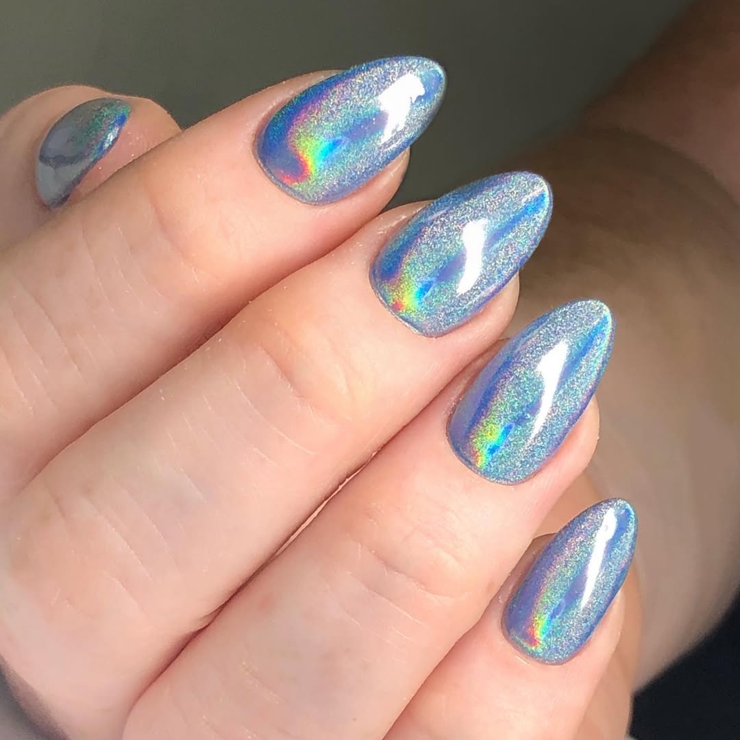 Blue Holographic Glossy Almond Gel Nails
