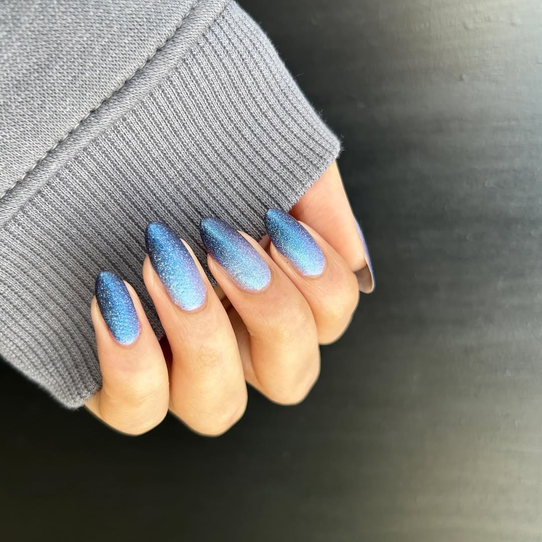 Blue To Purple Glitter Gradient Stiletto Nails