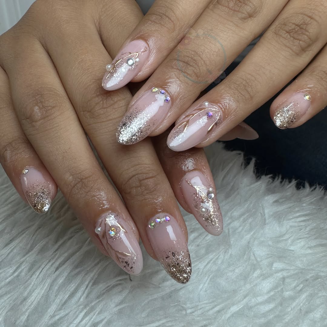 Blush Pink Almond Glitter Ombre With Rhinestones