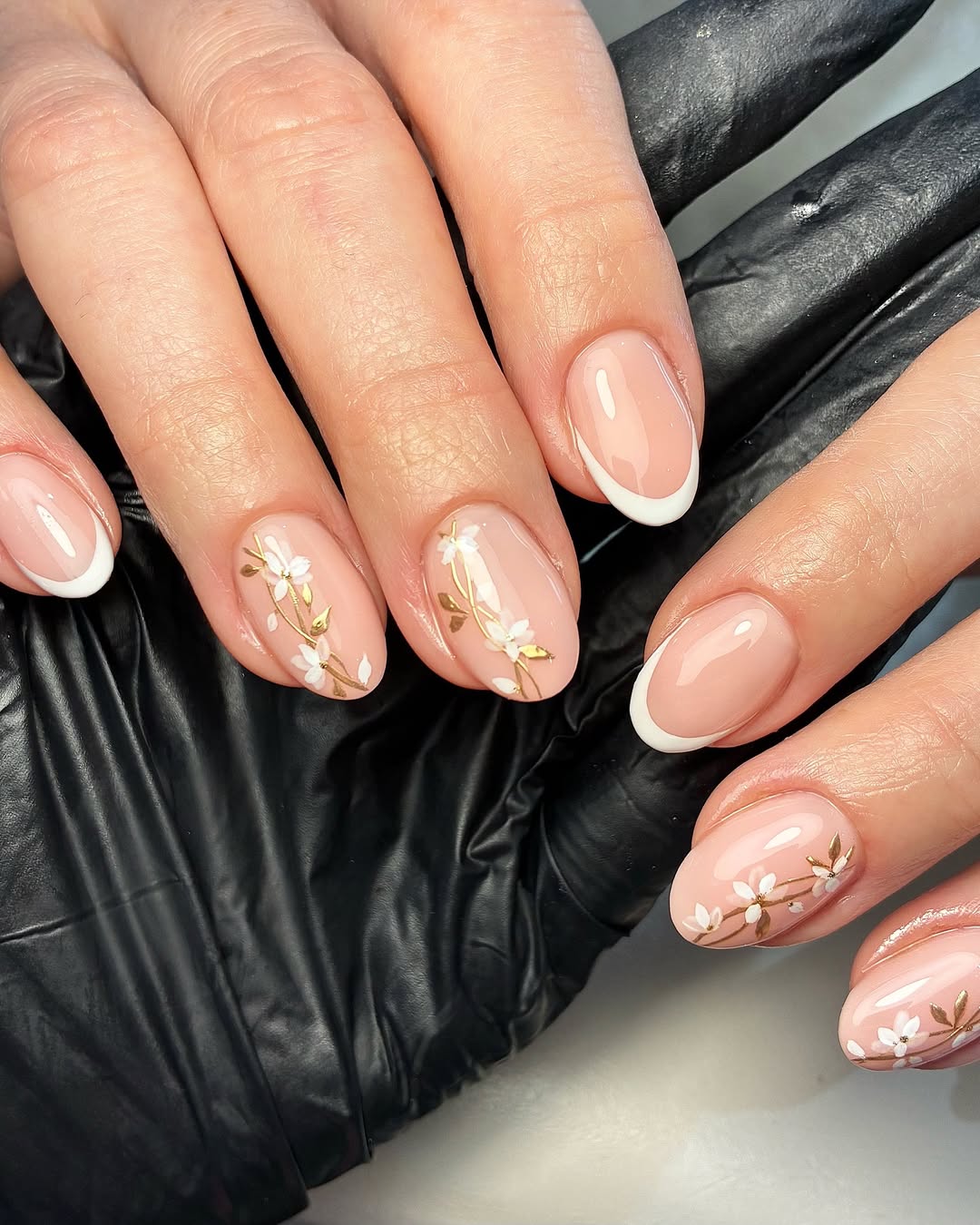 Blush Pink Floral French Tips Short Oval