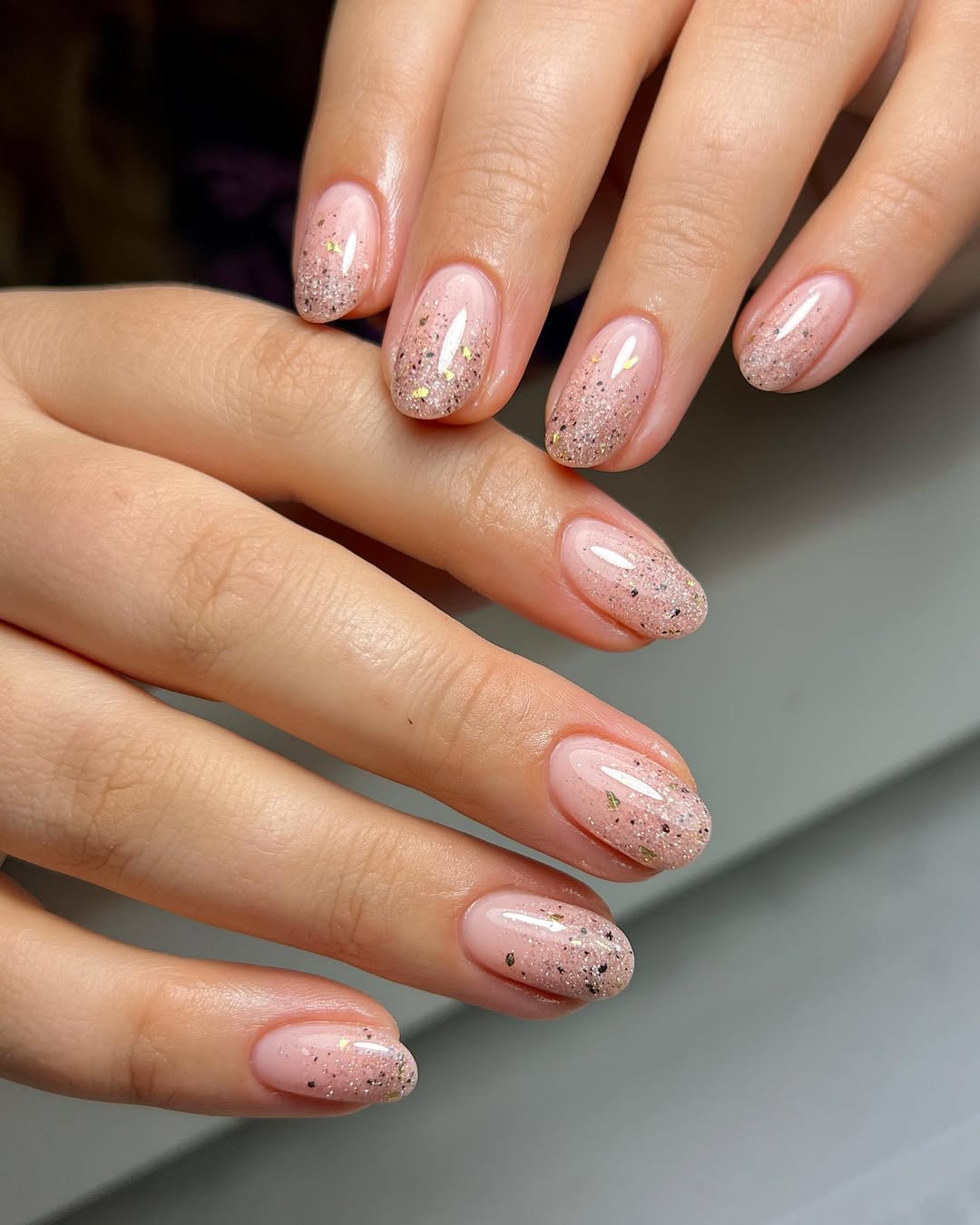 Blush Pink Gold Flake Glitter Gradient Oval Nails