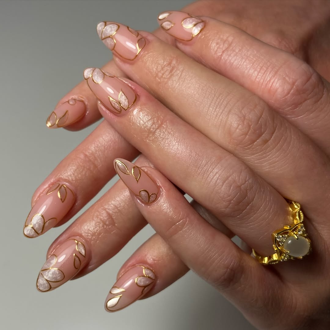 Blush Pink Gold Leaf Swirl Almond Nails