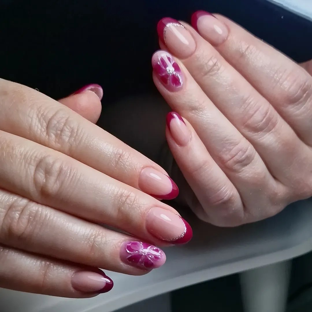 Bold Raspberry French with Floral Accent Almond Nails