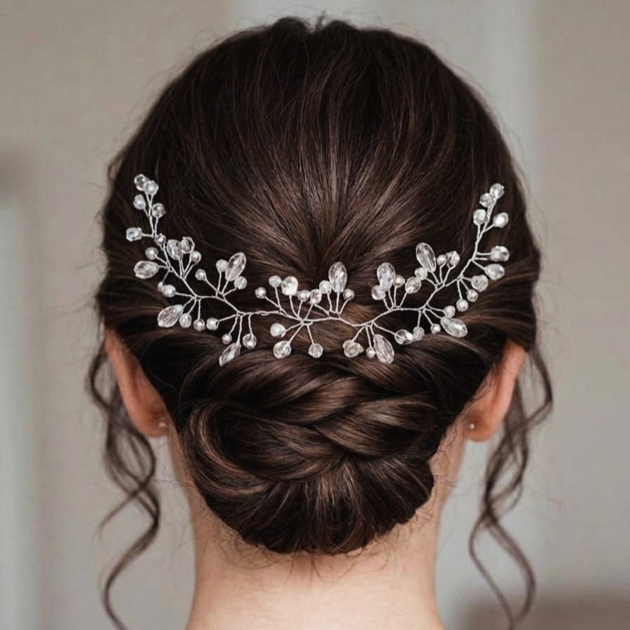Braided Low Bun With Delicate Rhinestone Hair Vine