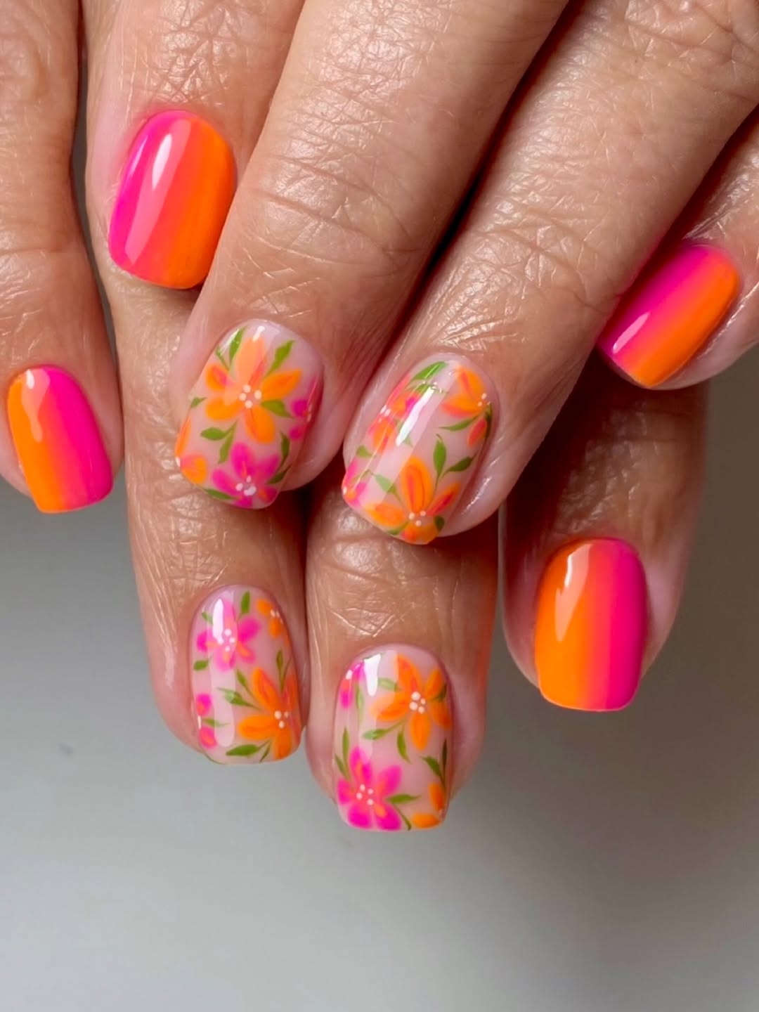 Bright Ombre Floral Short Round Nails