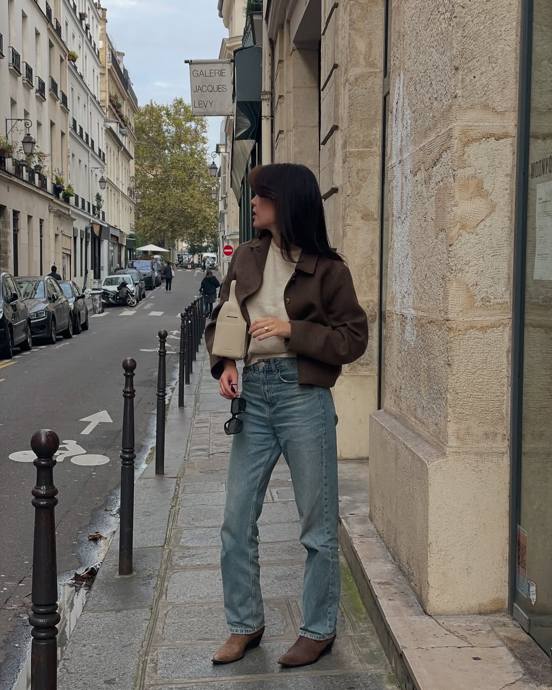 Brown Cropped Jacket And Light Wash Jeans Outfit