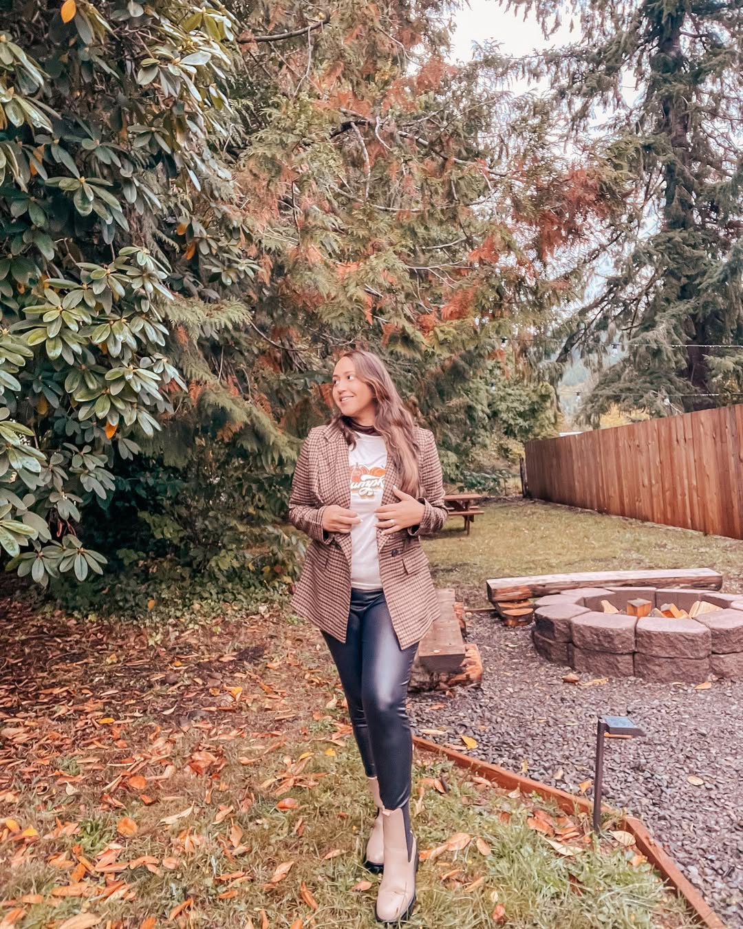 30 Chic Fall Outfits Women Will Love in 2026 31 Brown Plaid Blazer with Faux Leather Leggings