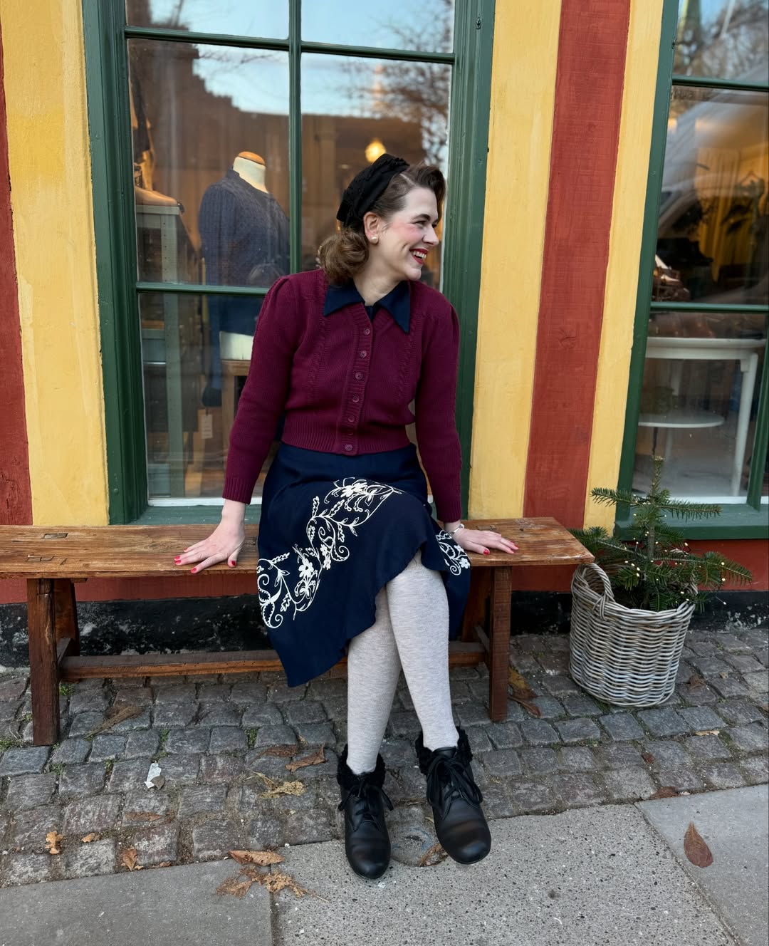 25 Dress with Tights Trends You Must See for 2026 11 Burgundy Cardigan Over Collared Top With Embroidered Midi