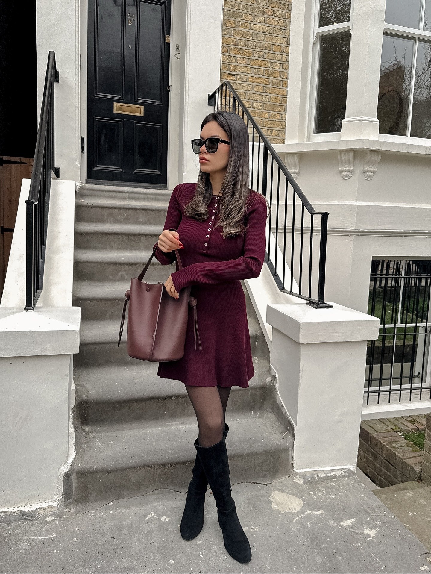 25 Fall Dress Outfits You Need For 2026 24 Burgundy Ribbed Knit Mini Dress With Knee-High Boots