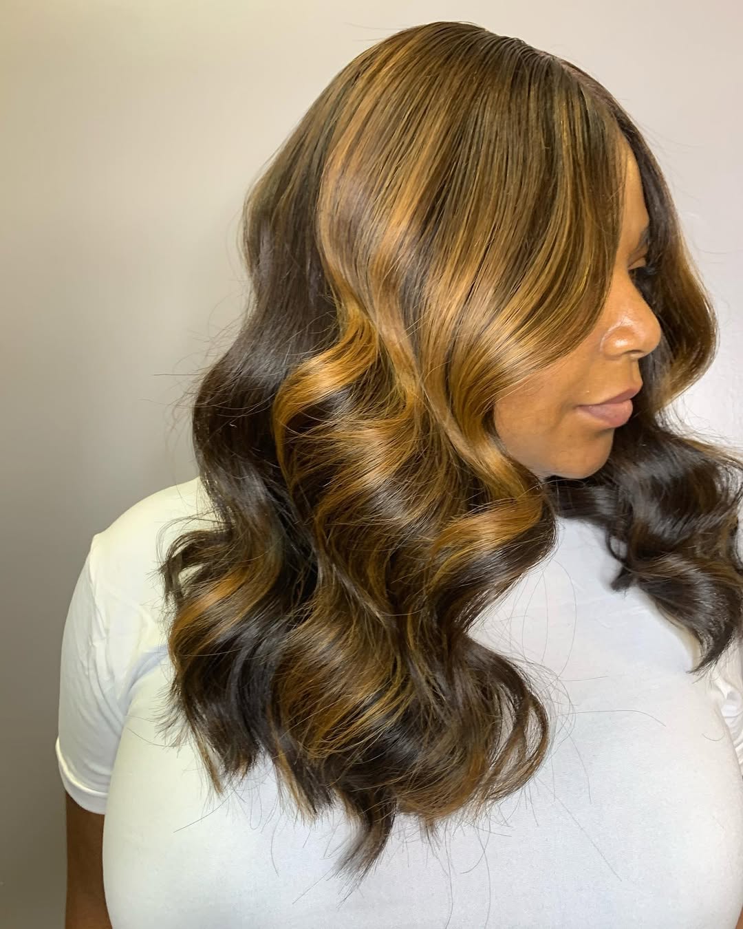 Caramel Swirl Waves With Face Framing Highlights