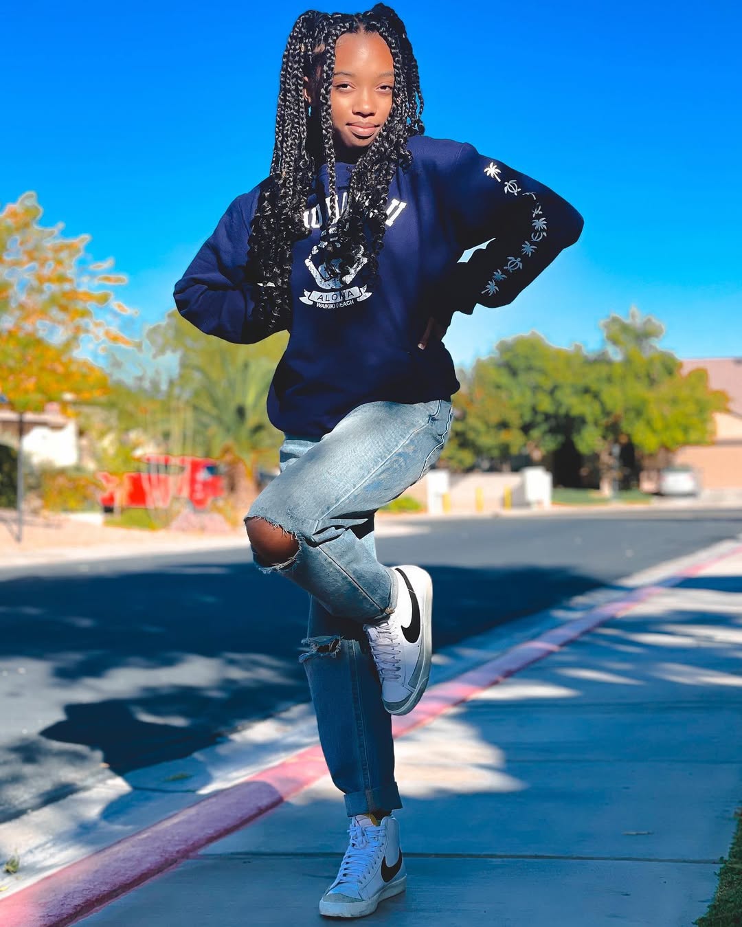 25 Epic School Outfit Ideas for 2026 You Need Now 25 Casual Navy Sweatshirt With Distressed Jeans Look