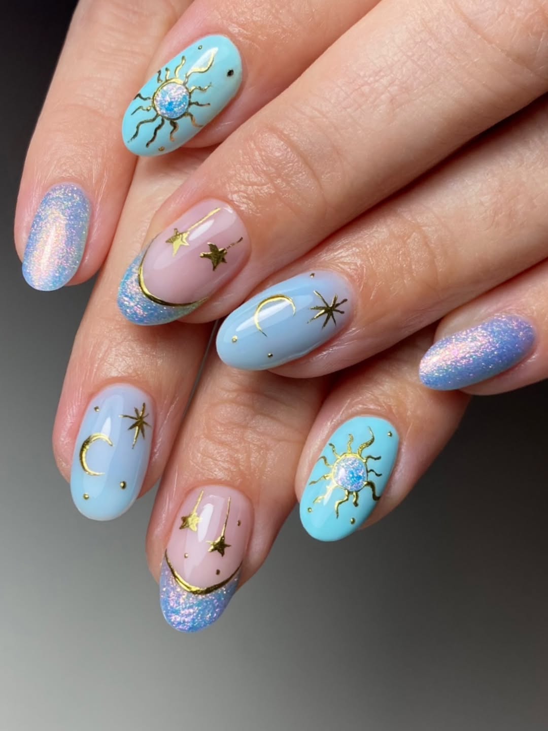 Celestial Blue and Pink Shimmer Nail Art