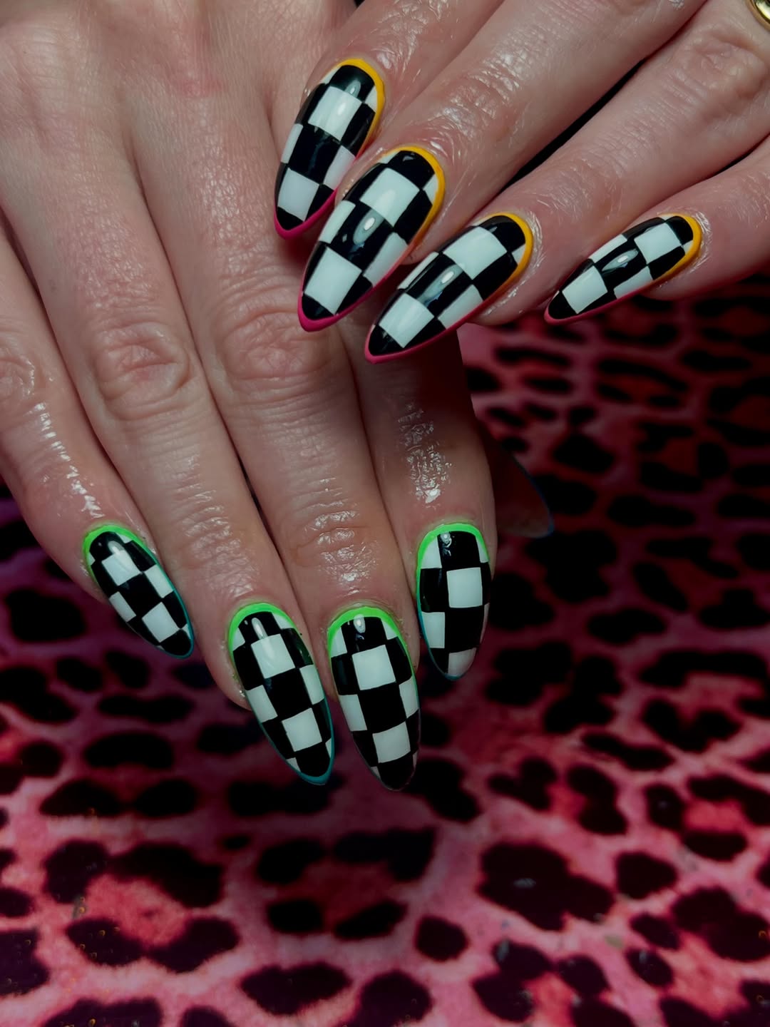 29 Checkerboard Nail Ideas for 2026 11 Checkerboard Coffin Nails With Neon Outlines