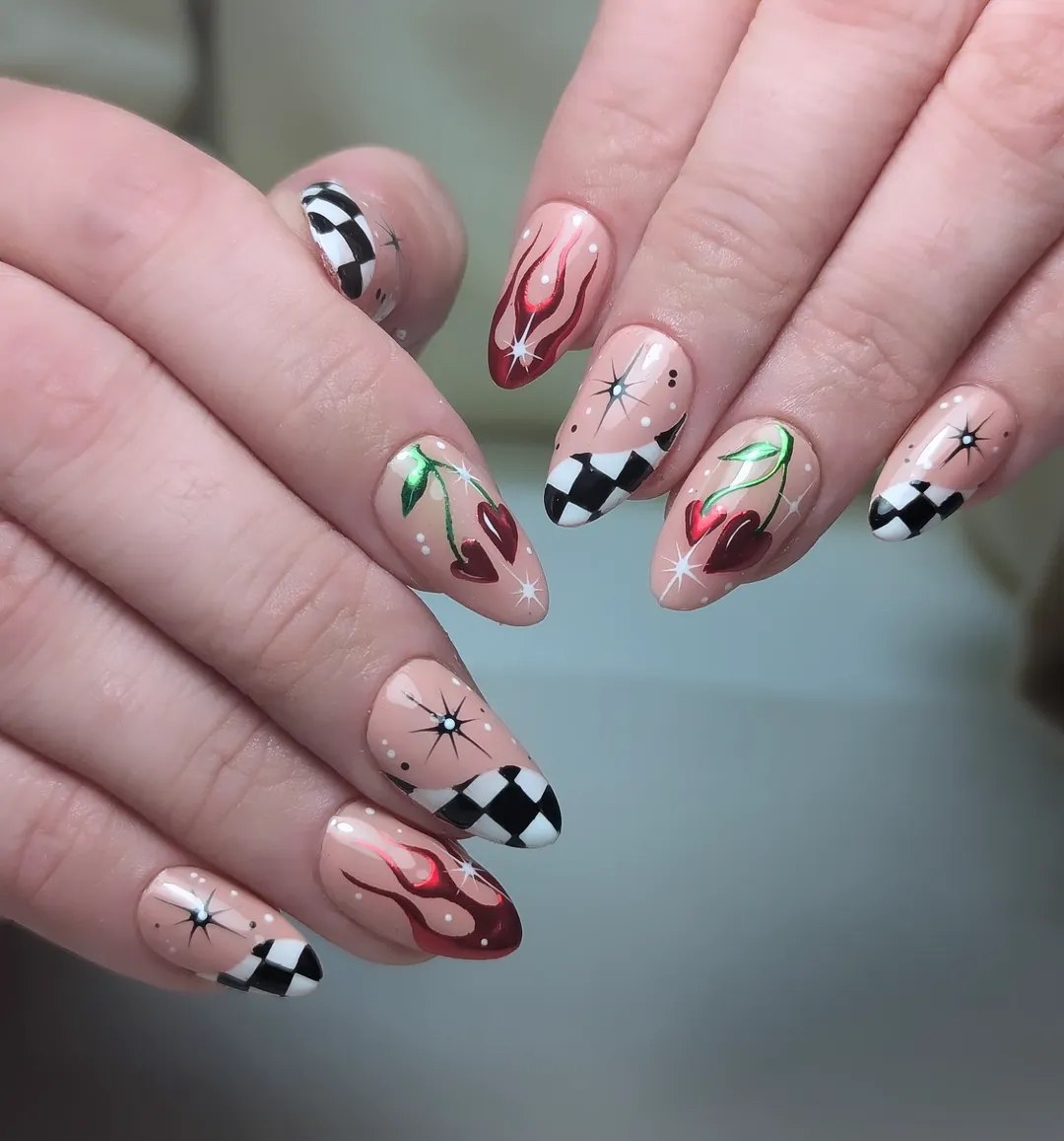29 Checkerboard Nail Ideas for 2026 22 Checkerboard Flame Cherry Almond Nails