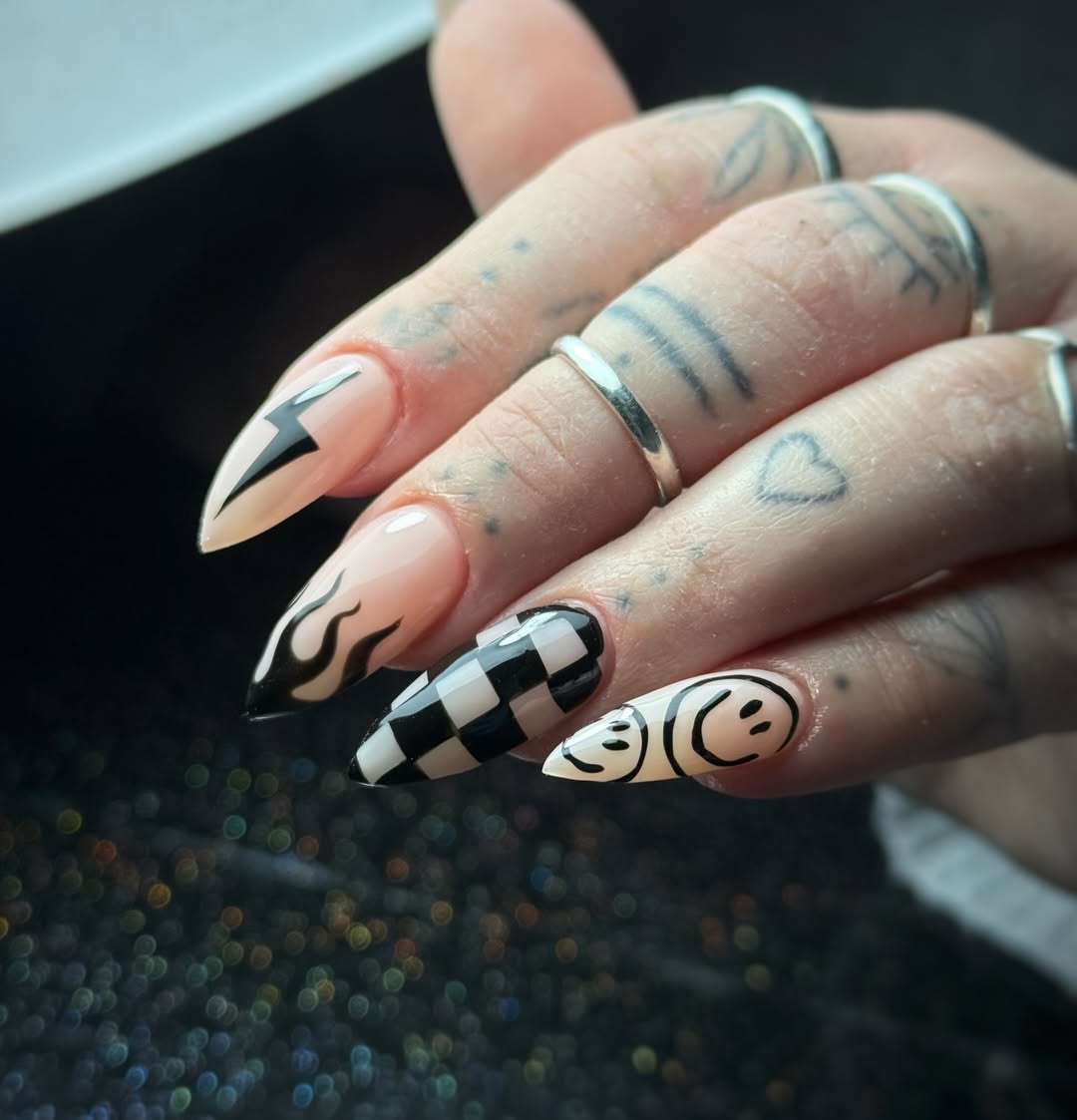 29 Checkerboard Nail Ideas for 2026 7 Checkerboard Flame Lightning Smiley Face Stiletto Nails