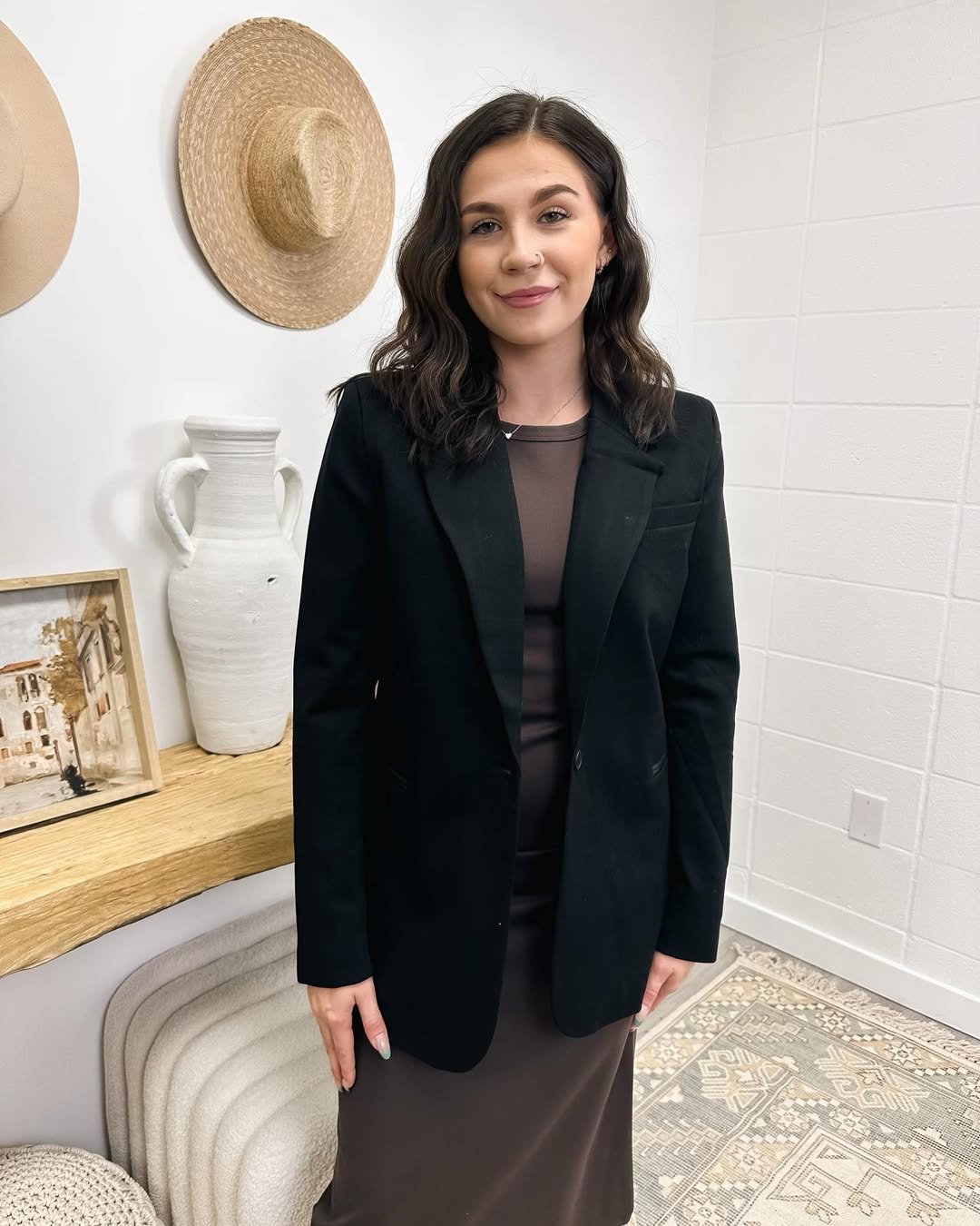 Chic Black Blazer With Chocolate Slip Dress