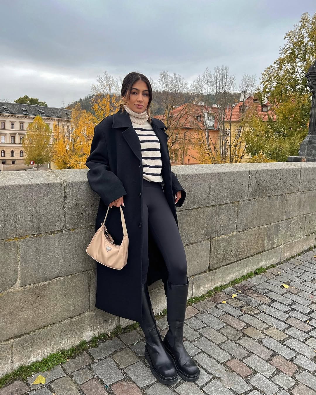 27 Fall Boot Outfit Ideas You Need Now 20 Chic Black Coat With Striped Sweater And Chunky Boots