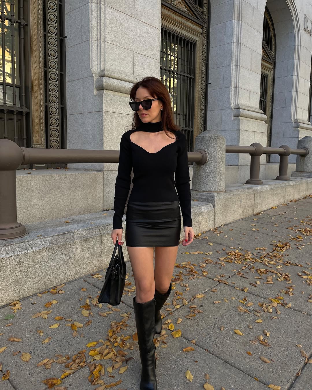 30 Chic Fall Outfits Women Will Love in 2026 6 Chic Black Cutout Top And Faux Leather Mini Skirt