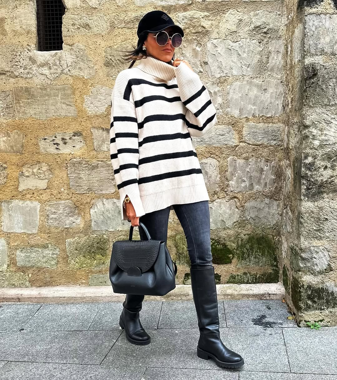 27 Fall Boot Outfit Ideas You Need Now 10 Chic Black Knee-High Boots And Striped Sweater