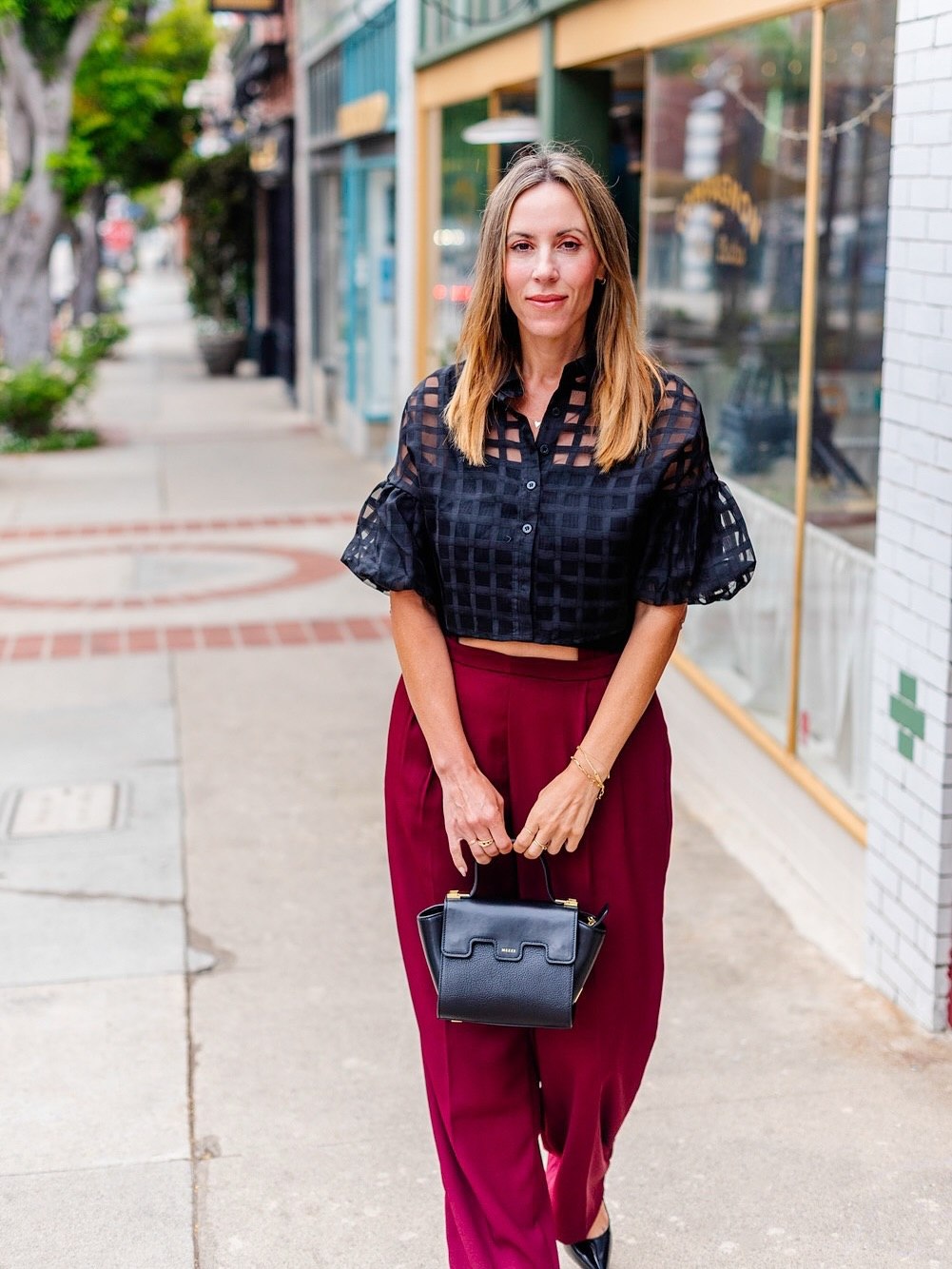 29 Work Outfits You Need for 2026 Trends 20 Chic Black Sheer Top With Burgundy Trousers Office Look