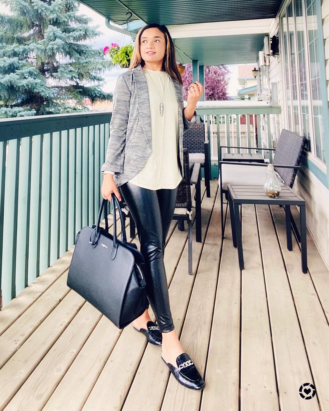 Chic Camo Blazer and Black Leather Pants Outfit
