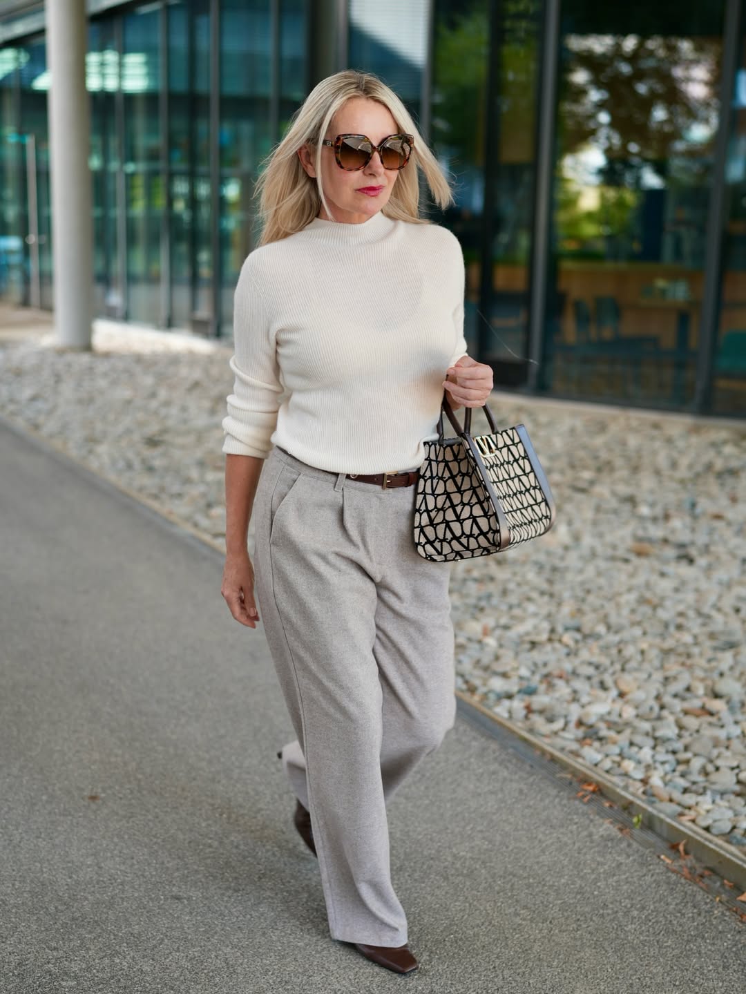 29 Work Outfits You Need for 2026 Trends 11 Chic Mock Neck Sweater and Wide Leg Trouser Office Look