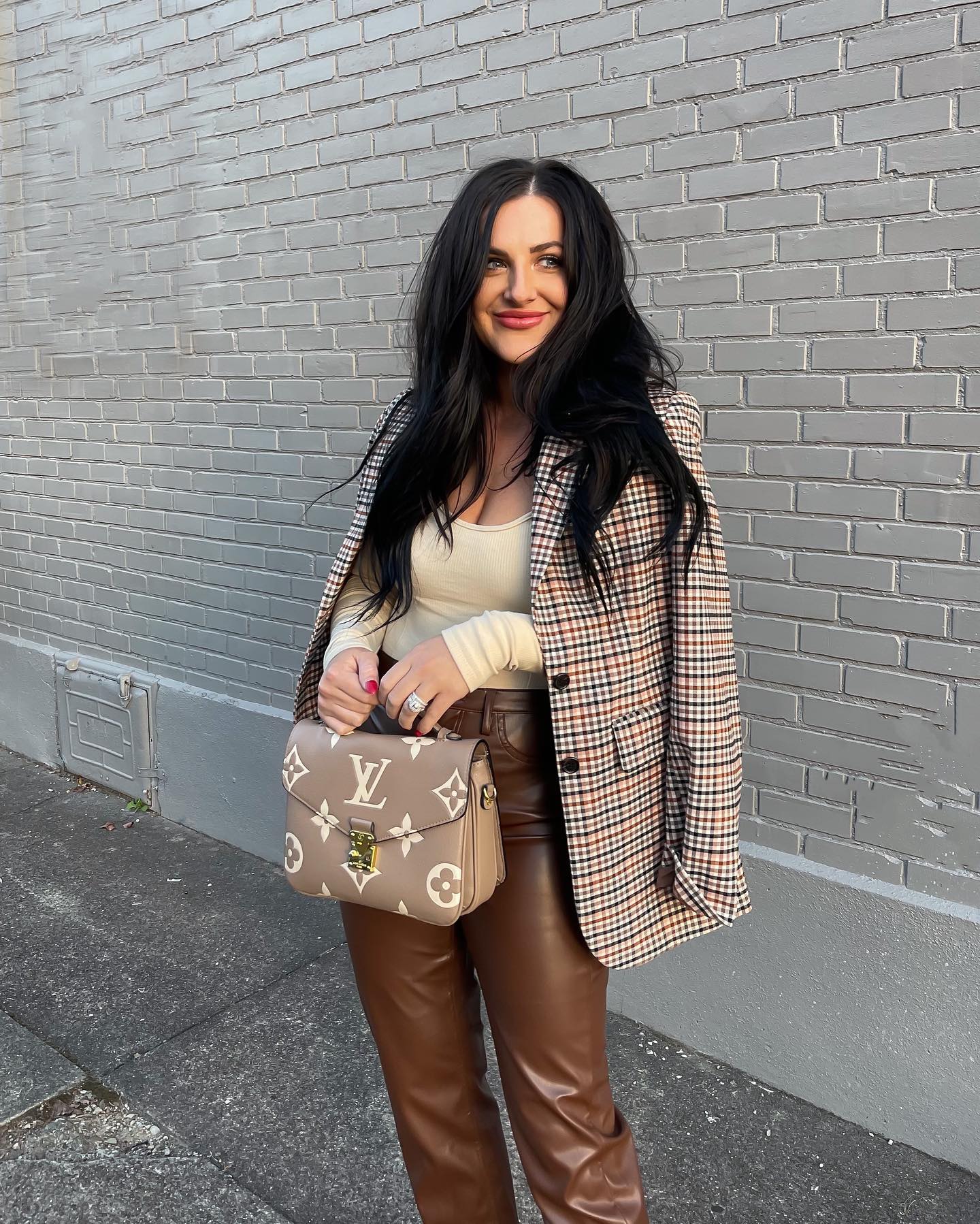 Chic Plaid Blazer With Leather Pants Date Night