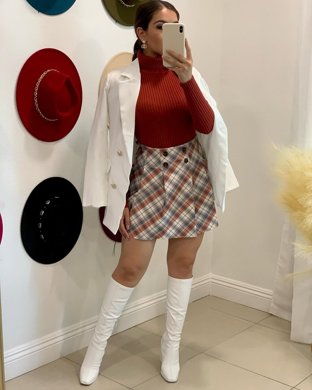 27 Fall Boot Outfit Ideas You Need Now 22 Chic Plaid Mini Skirt With White Knee-High Boots