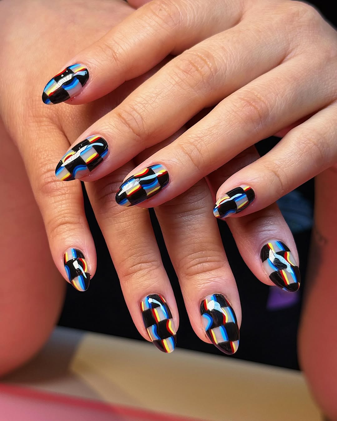 29 Checkerboard Nail Ideas for 2026 10 Chromatic Glitch Checkerboard Almond Nails
