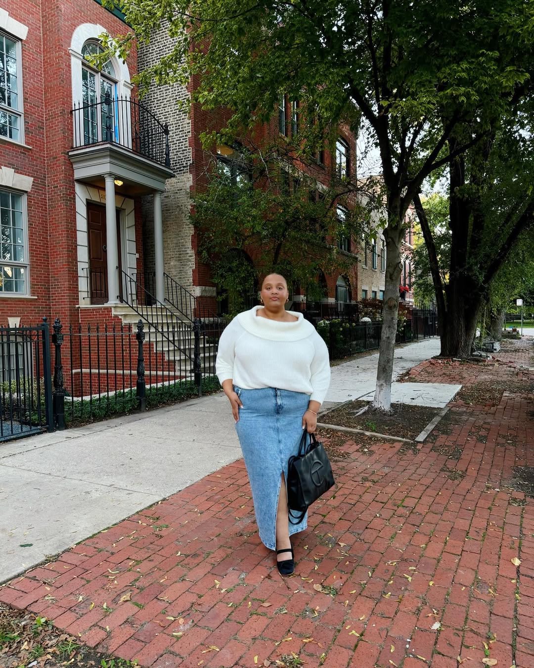 Chunky Knit Turtleneck With Denim Maxi Skirt And Black Heels