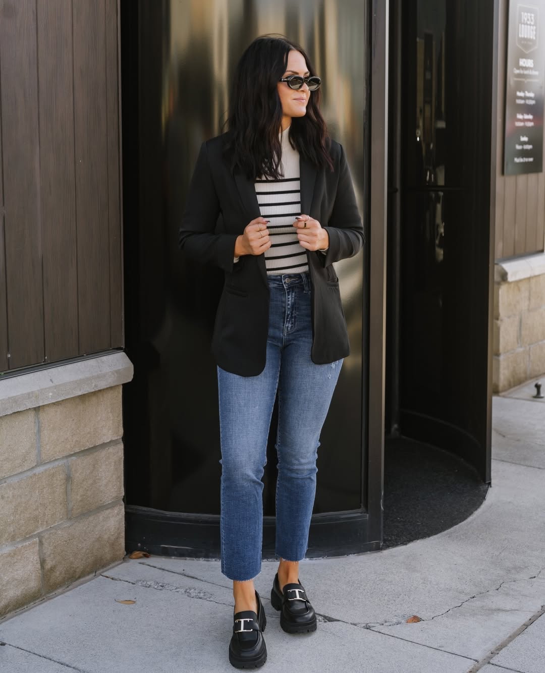 Classic Black Blazer With Striped Top and Jeans