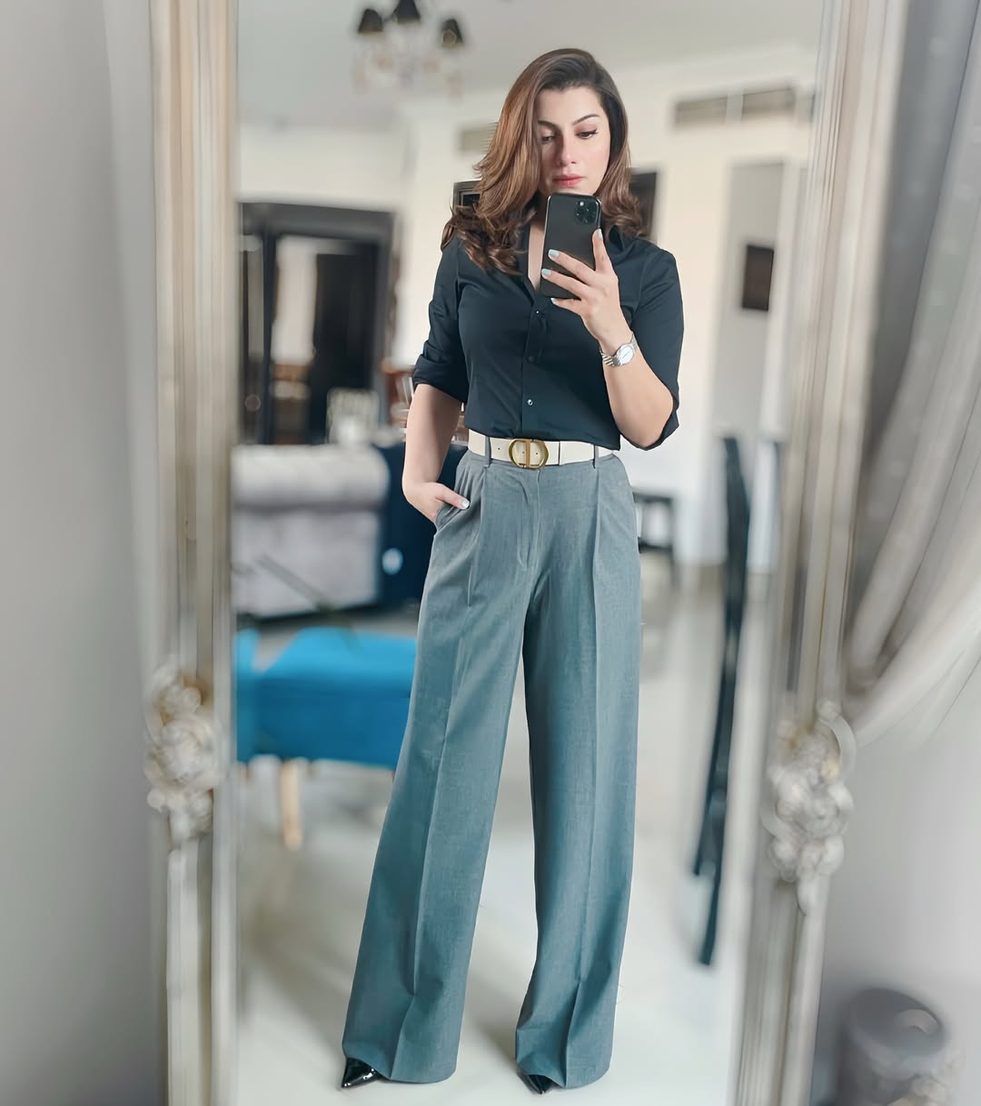 29 Work Outfits You Need for 2026 Trends 26 Classic Black Shirt With Grey Wide-Leg Trousers