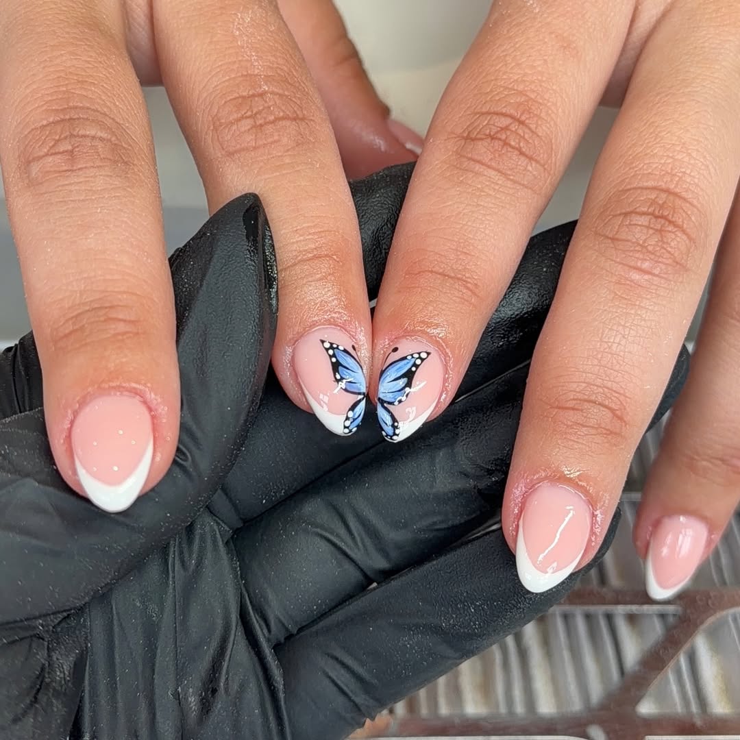 Classic Pink French Tips With Blue Butterfly Accent