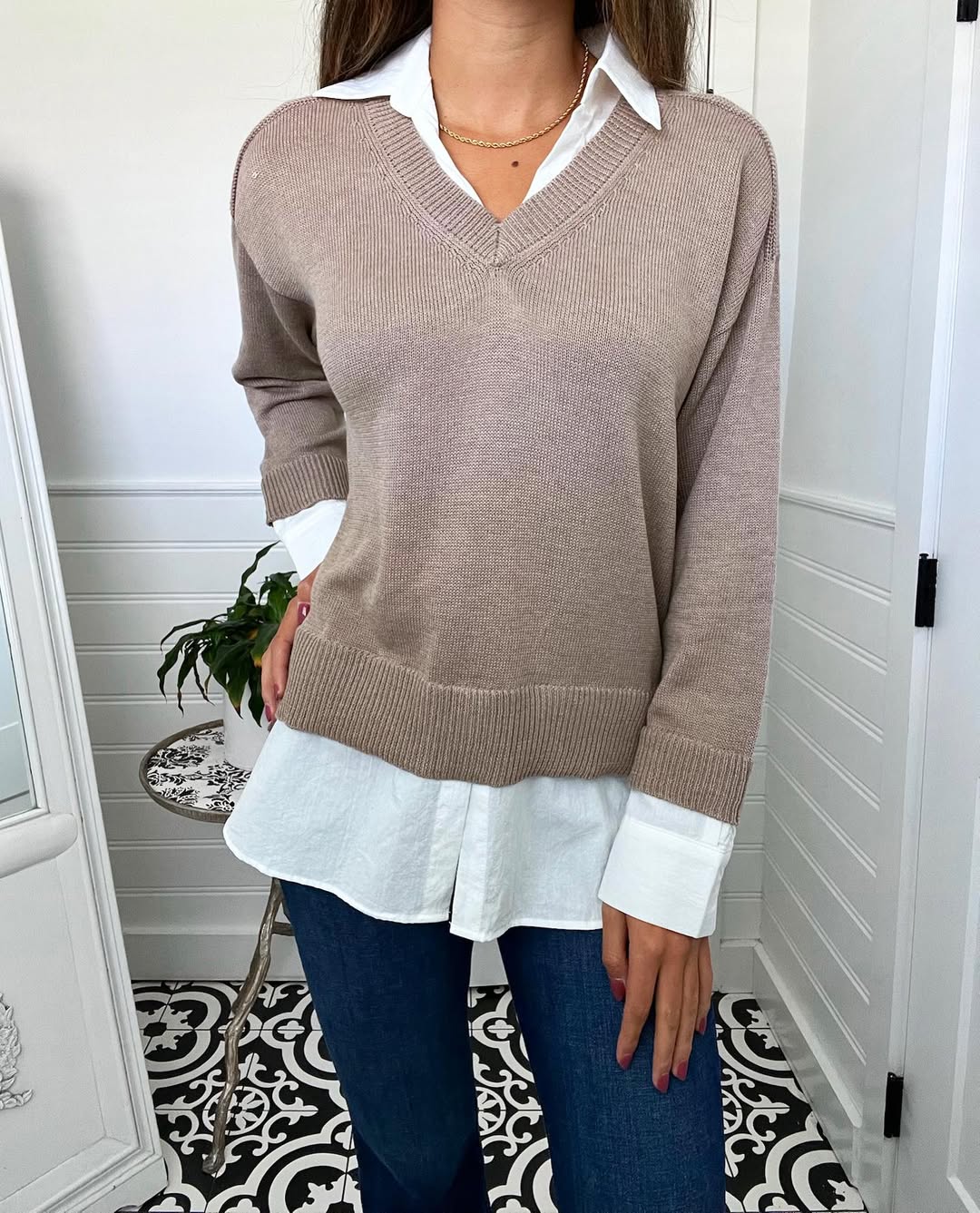 Classic V-Neck Sweater Over Button-Down With Denim